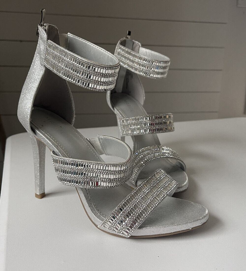 Maripe Women's Aurelia Strapped Rhinestone Sandal Silver Stiletto Ankle Strap 10